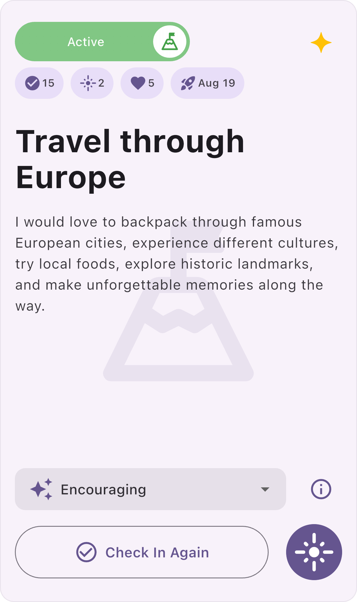 Graitness goal card for a travel goal, showing check-ins and a supportive Vibe