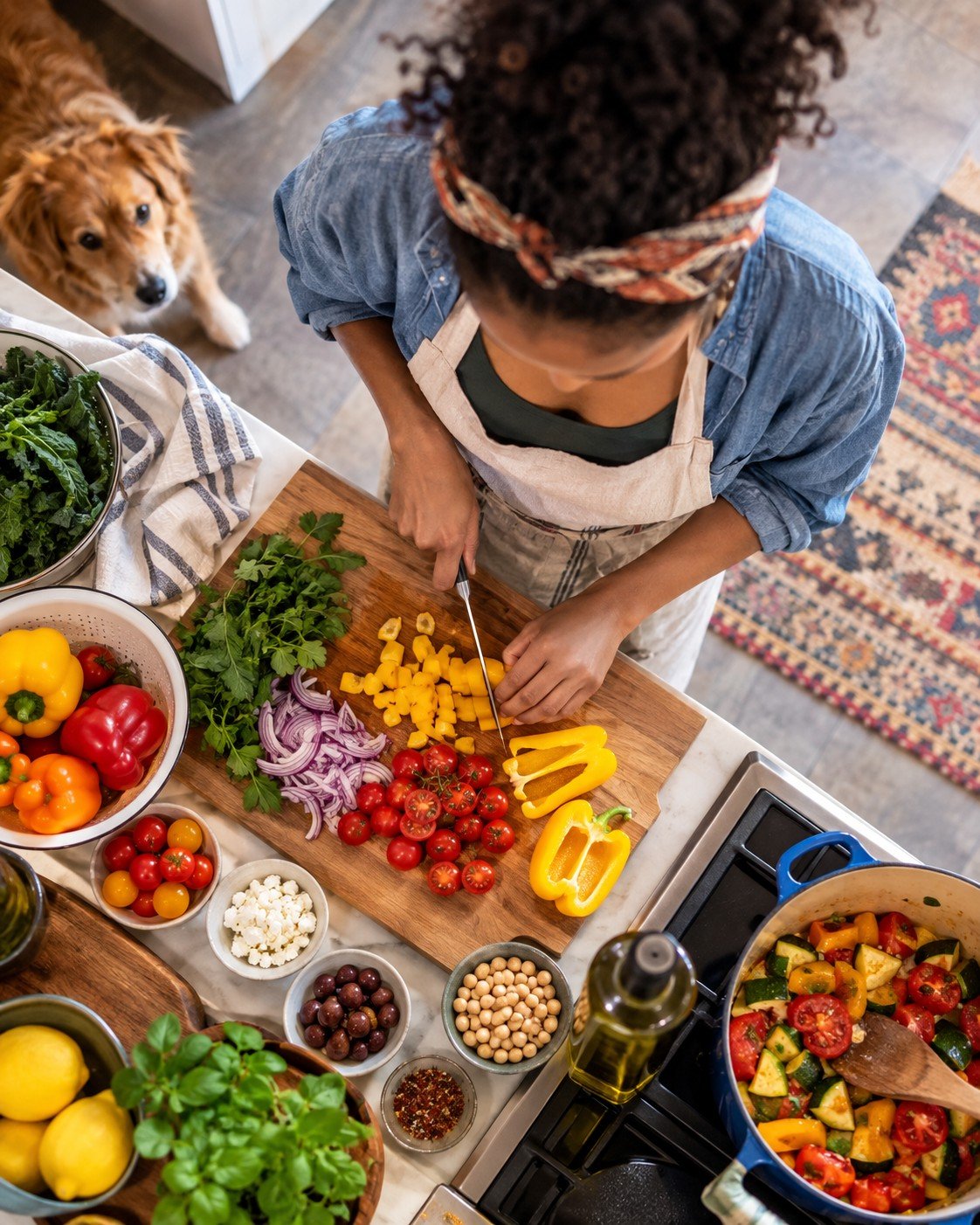 A woman preparing colorful ingredients from above in a busy kitchen.