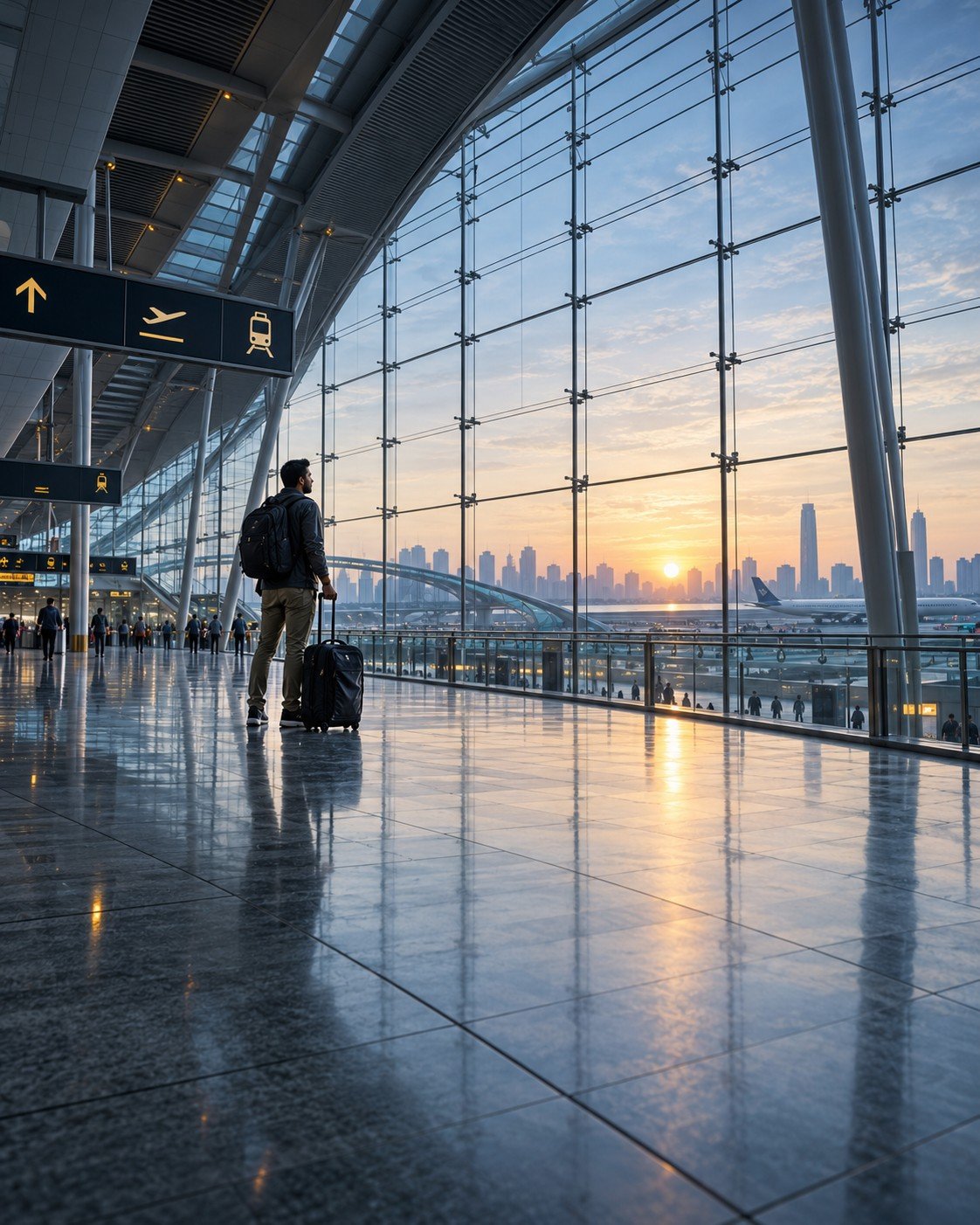 A traveler standing in a large airport terminal overlooking the runway and skyline.