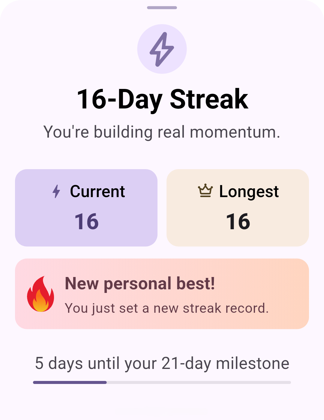 Graitness card showing a 16-day streak and a new personal best.