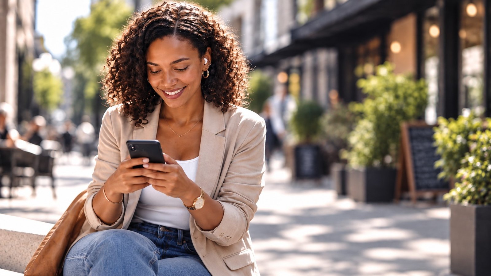 A woman smiles while looking at a phone she holds outdoors.